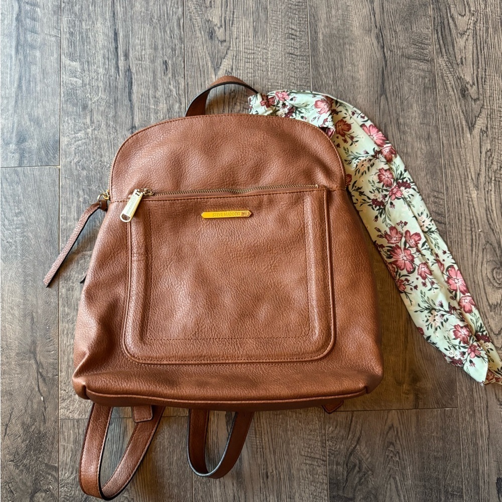 Brown Faux Leather Women’s Backpack with Floral Scarf